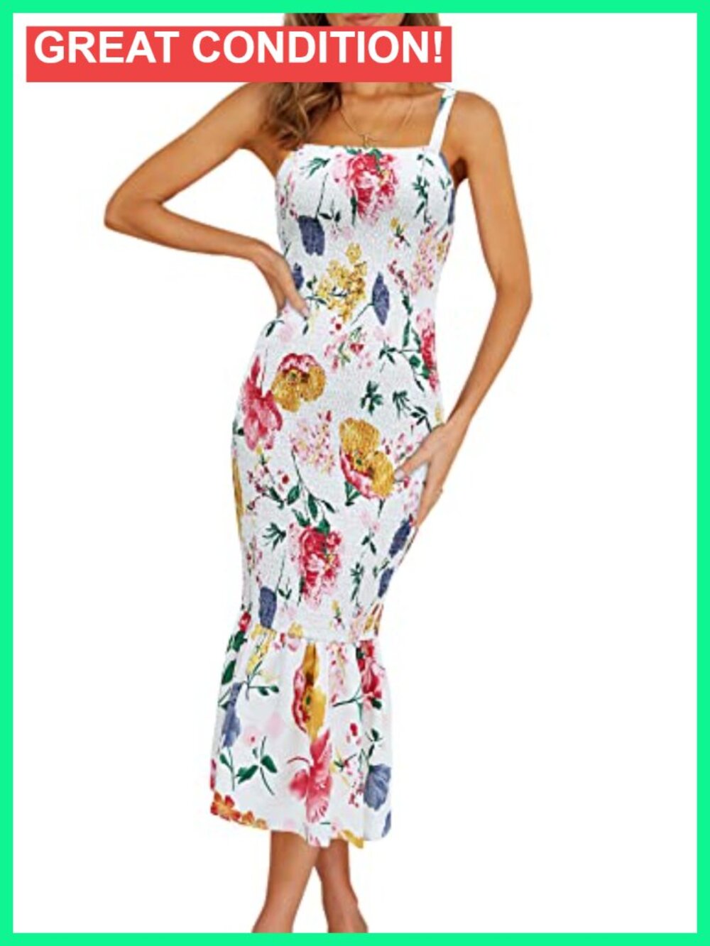 Women's Summer Midi Tank Dress Sleeveless Strappy Ruffle Hem Smocked Bodycon